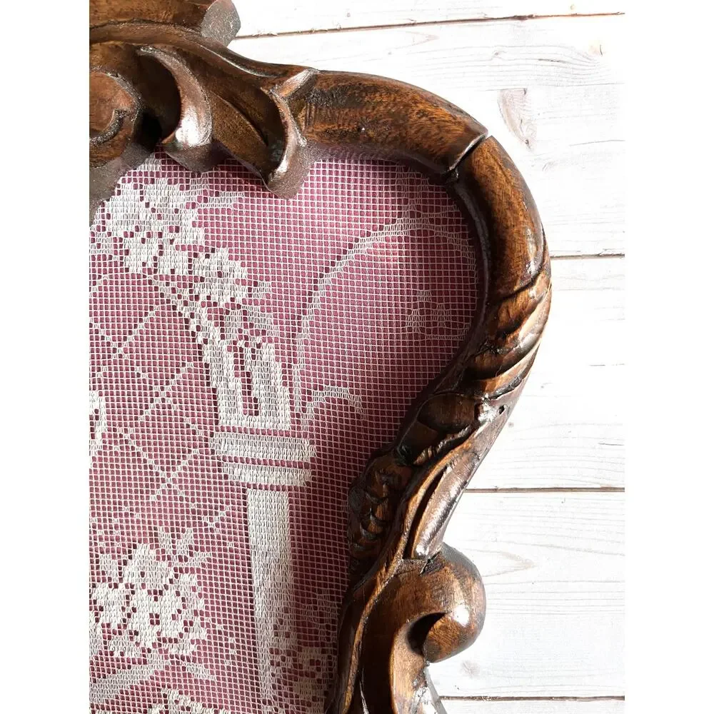 Vintage Dutch Lace Window Screen Ornate Carved Wood Frame Victorian Rococo